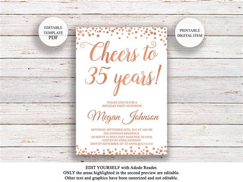 Editable 35th Birthday Invitation Cheers To 35 Years Rose Etsy