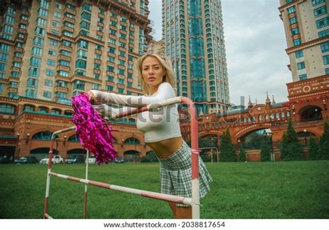 Blonde Model Sexy Cheerleader Leaned On Stock Photo 2038817654 Shutterstock