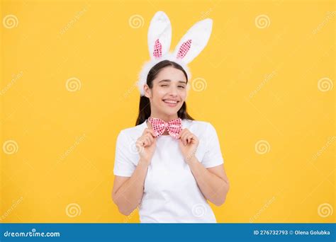 Happy Easter Day Attractive Cheerful Smiling Girl In Bunny Ears Celebrating Easter Stock Image