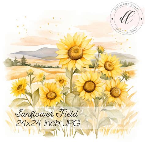 Sunflower Field Watercolor Digital Print, Rustic Wall Art, Farmhouse ...