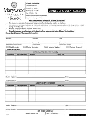 Fillable Online Marywood Change Of Student Schedule Marywood Fax