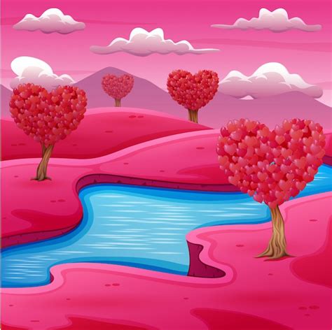 Premium Vector Cartoon Pink Field Landscape With A River