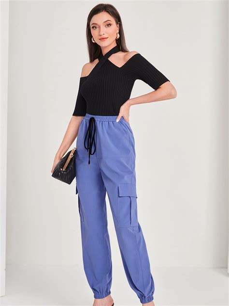 Shein Mulvari Pantalones Unicolor De Cintura Con Cord N Con Bolsillo