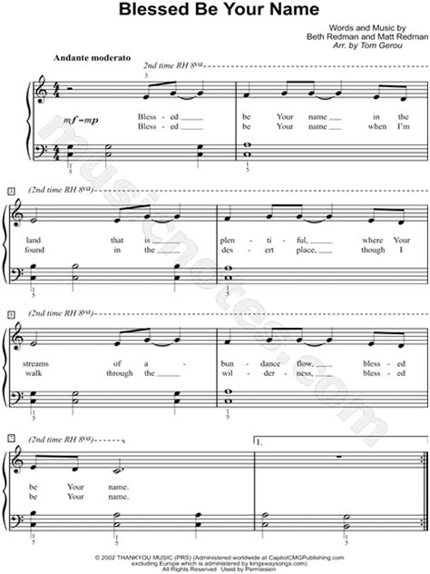 Matt Redman Blessed Be Your Name Sheet Music Easy Piano In C Major