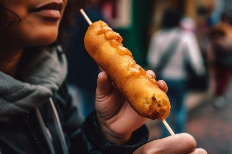 Premium Photo | A person holding a corn dog on a stick