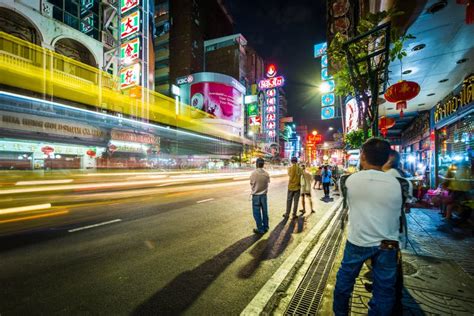 Neon Lights And Traffic On Yaowarat Road At Night In Chinatown