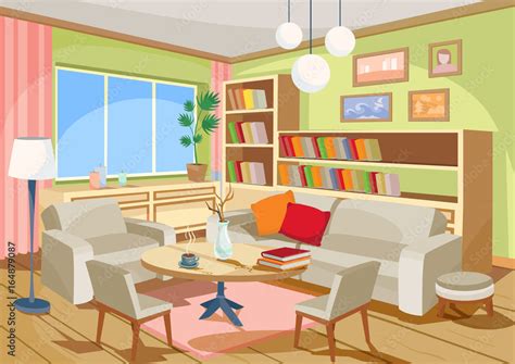 Vector Illustration Of A Cozy Cartoon Interior Of A Home Room A Living Room With A Sofa