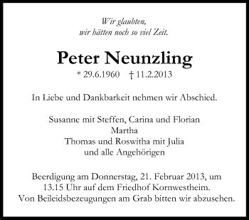 Traueranzeigen Von Peter Neunzling Stuttgart Gedenkt De