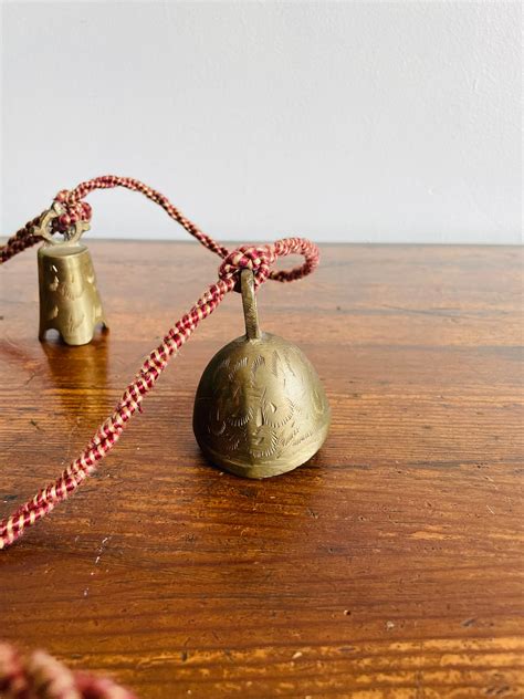 Etched Brass Bells Of Sarna India 4 Bells On Braided Rope Pull