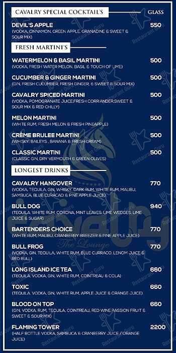 Menu At Cavalry The Lounge Mumbai