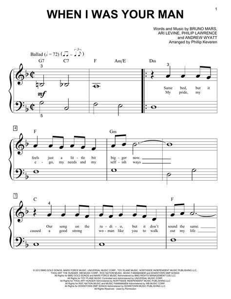 When I Was Your Man Sheet Music By Bruno Mars Piano Big Notes