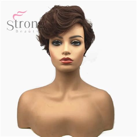 Strongbeauty Women Synthetic Capless Wig Brown Pixie Cut Hair Asymmetrical Side Bang Short Curly