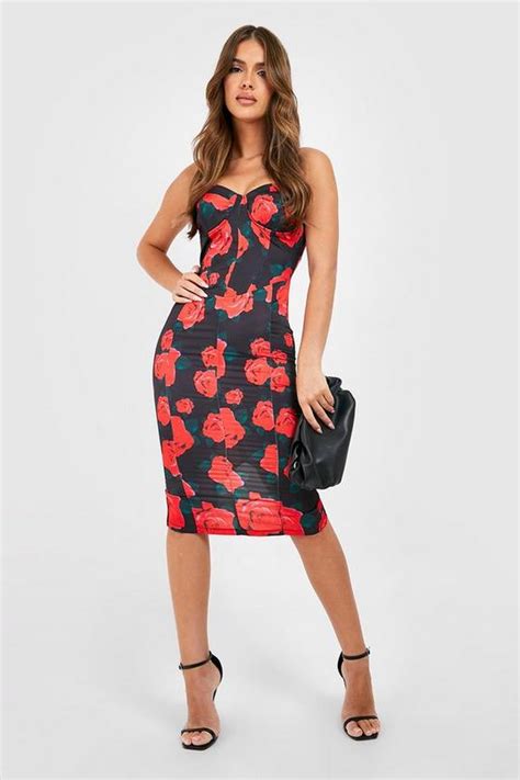 Floral Satin Corset Detail Midi Dress Boohoo Uk