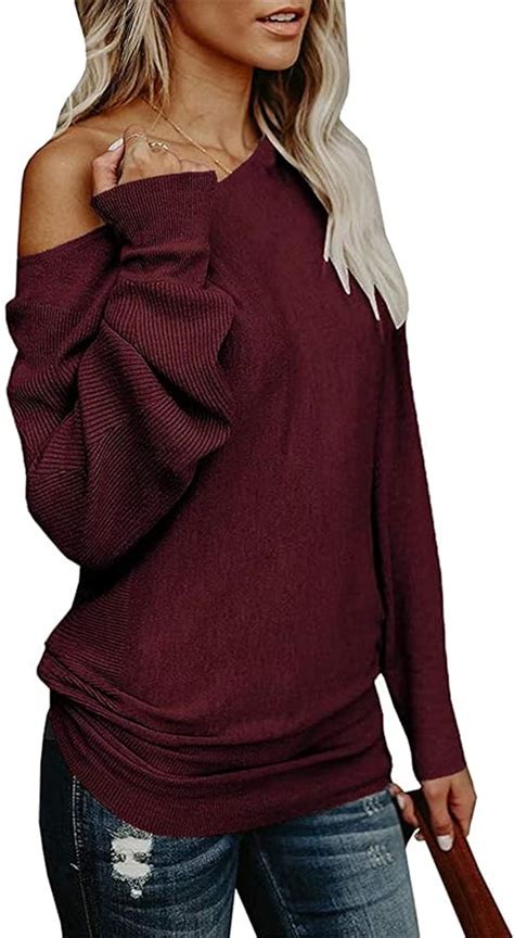 UMEKO Womens Off The Shoulder Sweater Oversized Knit Long Sleeve