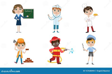 Kids Of Different Professions Set Teacher Doctor Cook Builder