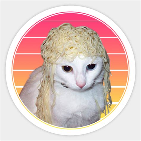 Cat With Spaghetti On Its Head Vaporwave Spaghetti Cat Sticker