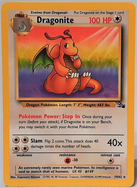 Original 1999 POKEMON Fossil Dragonite 19 62 Unlimited Game Etsy UK