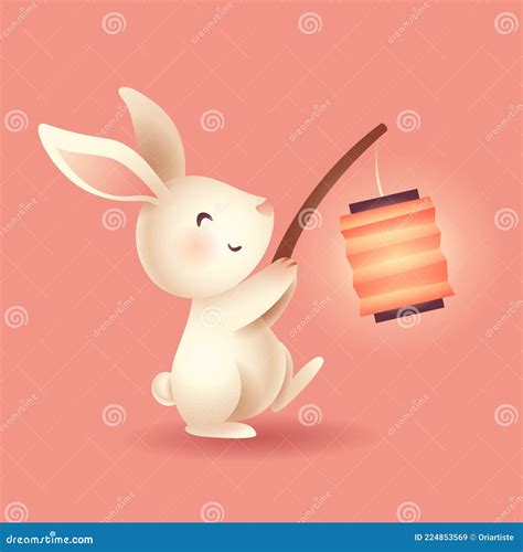 Mid Autumn Festival Cute Rabbit Holding A Chinese Oriental Lantern Stock Vector Illustration