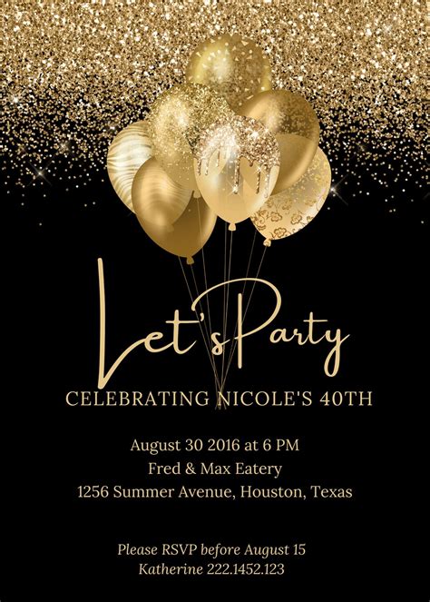 Editable Black And Gold Birthday Invitation Lets Party Gold Balloons