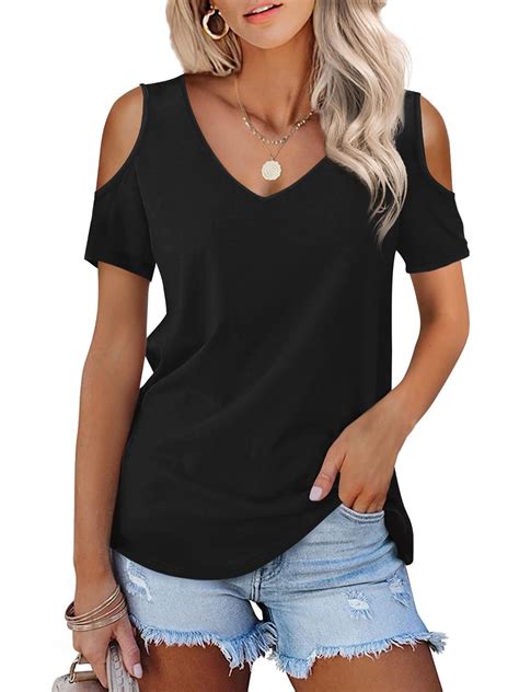 Temofon Womens Shirts Cold Shoulder Tops Summer Short Sleeve V Neck T