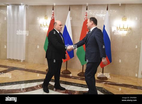 Moscow. Russian Prime Minister Mikhail Mishustin and Belarusian Prime ...