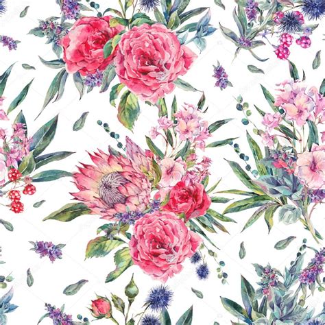 Watercolor Seamless Pattern With Roses Protea And Wildflowers Stock