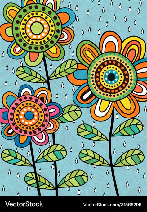 Colorful Abstract Folk Art Flowers And Rain Vector Image