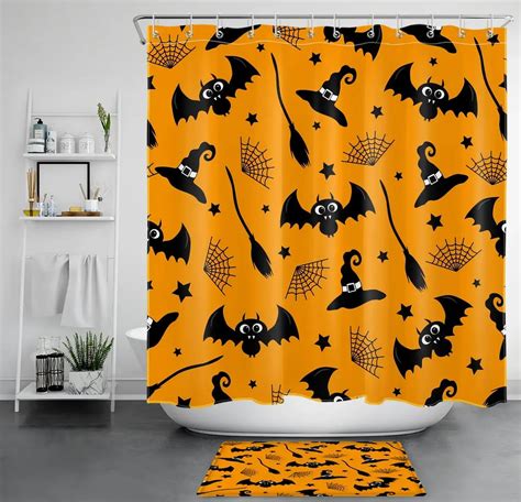 Spooky Halloween Shower Curtain With Orange Spider Webs And Black Bats