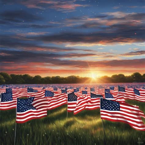 Sunset Glory American Flags In A Field Of Patriotism Stock