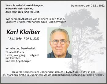 Traueranzeigen von Karl Klaiber Schwarzwälder Bote Trauer