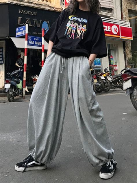 Qweek Harajuku Gray Jogging Sweatpants Women Hip Hop Streetwear Wide