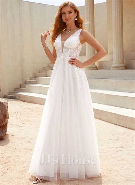 A Line V Neck Floor Length Lace Tulle Wedding Dress Ivory On Storenvy