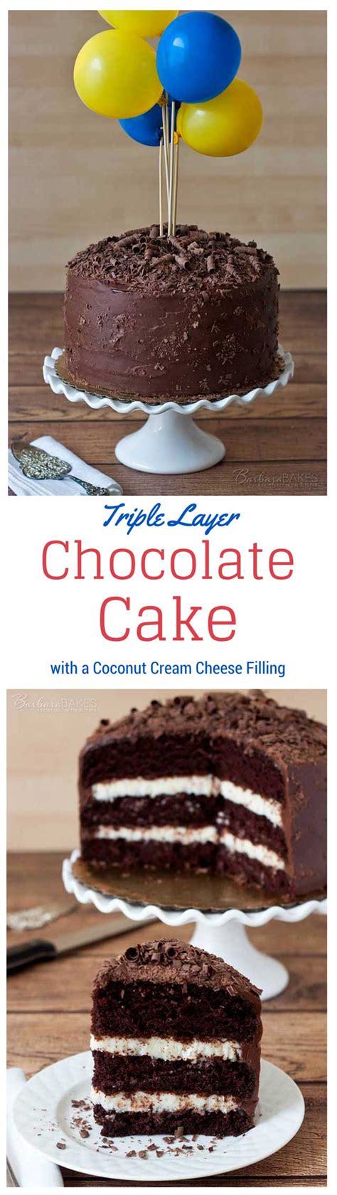 Triple Layer Chocolate Cake With A Coconut Cream Cheese Filling