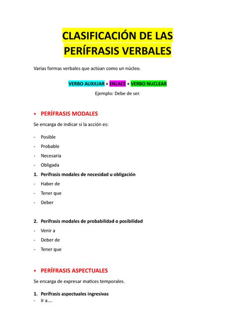 Perífrasis Verbales Apuntes 1 CLASIFICACIÓN DE LAS PERÍFRASIS