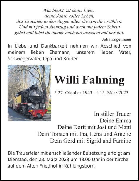 Traueranzeigen Von Willi Fahning Trauer Anzeigen De