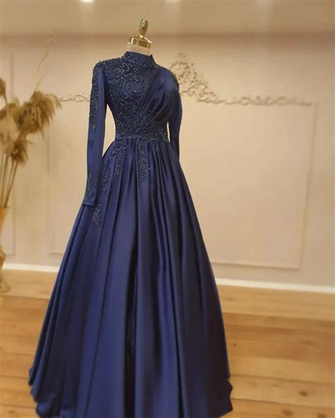 2022 Elegante Azul Marino Oscuro Vestidos De Noche Musulmanes Hasta El