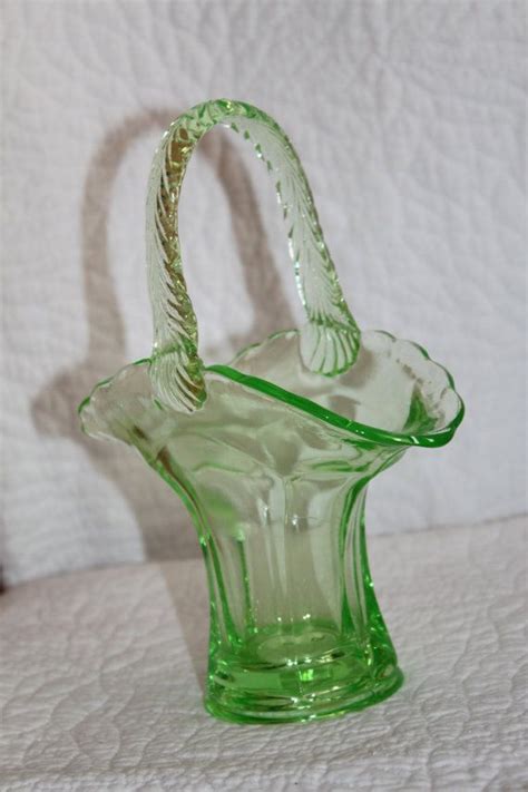 D1 Tiffin Line 310 Green Uranium Glass Basket Applied Handle Etsy Antique Glass Antique