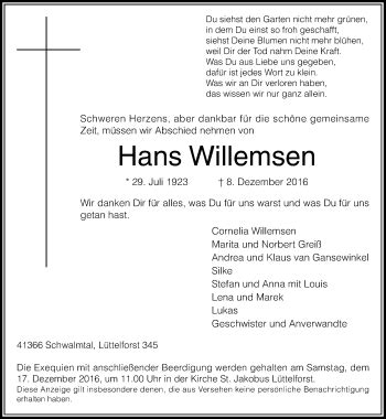 Alle Traueranzeigen für Hans Willemsen trauer rp online de