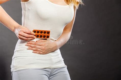 Woman Suffer From Belly Pain Holds Pills Stock Photo Image Of