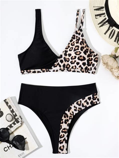 Shein Swim Vcay Leopard Bikini Set Cutout Shoulder Wireless Top