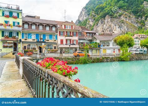 Interlaken Town With Thunersee River Switzerland Editorial Photo