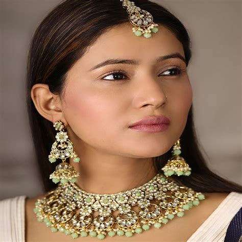 Buy Priyaasi Mint Green Pearls Kundan Gold Plated Jewellery Set With