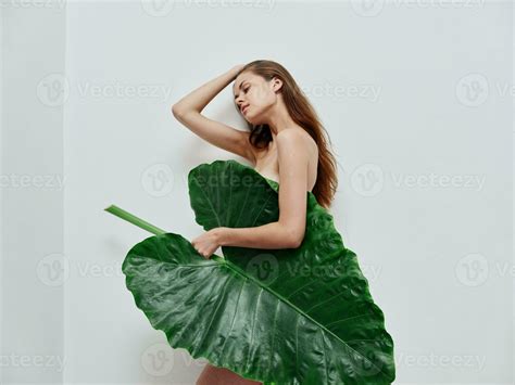 Charming Woman Nude Body Palm Leaf Exotic Isolated Background 23702486