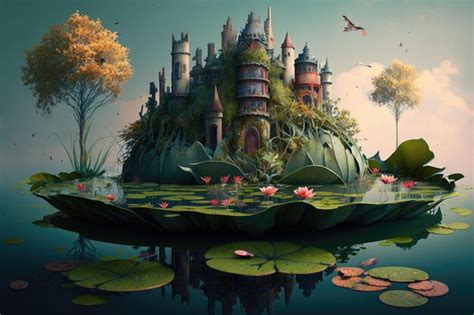 Premium AI Image A Surreal Float Island With A Castle And Moat