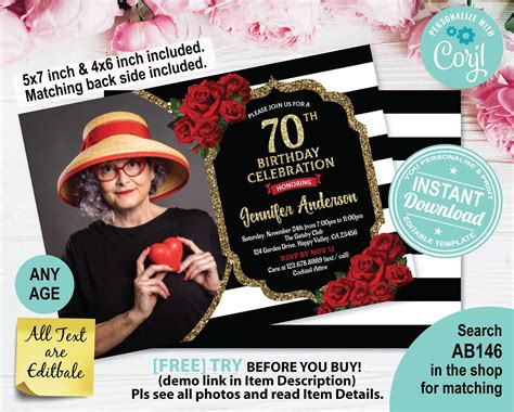 Editable Red Rose 70th Birthday Photo Invitation Template Etsy Photo Birthday Invitations