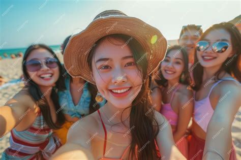 Premium Photo Group Of Happy Friends Taking A Selfie On A Sunny Beach