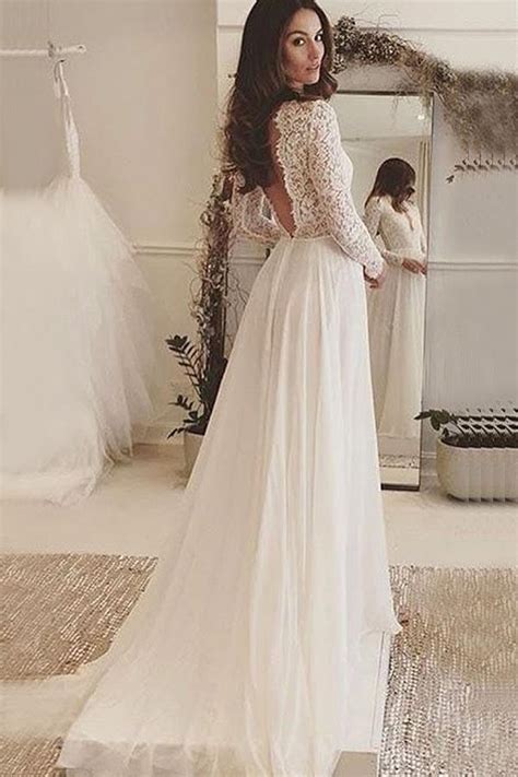 Ivory Chiffon V Neck Long Sleeves Backless Wedding Dress With Lace