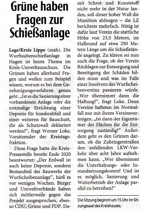 Bericht über die Fragen der Grünen Kreistagsfraktion zur Schießanlage