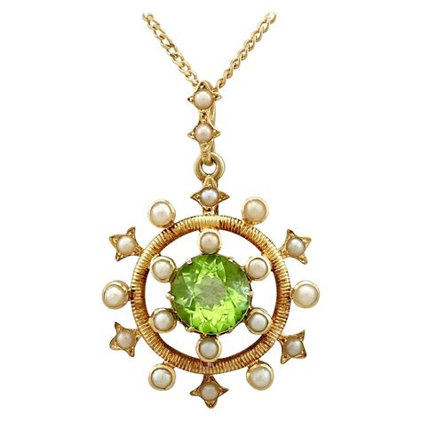 S Antique Carat Peridot And Seed Pearl Yellow Gold Necklace