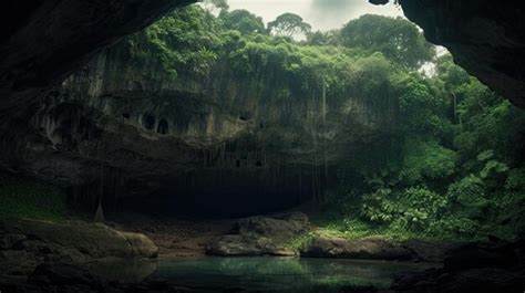 Premium AI Image | Illustration of beautiful cave scenery from inside ...